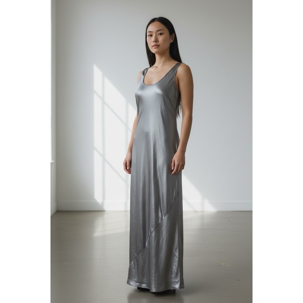 Max Mara Slip Gown Maxi Tank Dress Platinum Metallic Scoop Sleeveless Sz 10 USA